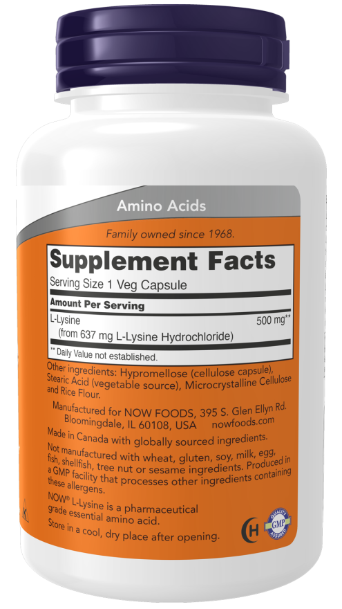 L-Lysine 500mg Essential Amino Acid - 100 Capsules - NOW Foods