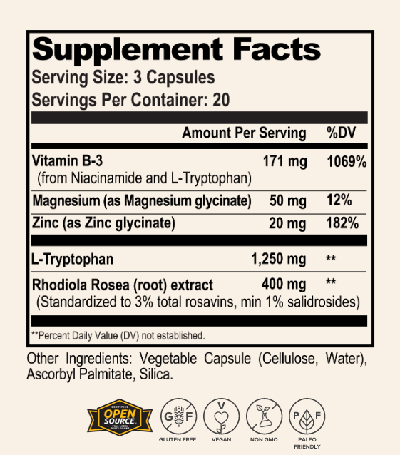 Serotonin Brain Food 60 vegetarian capsules - Positive Mood - Natural Stacks