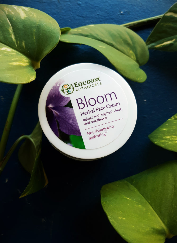 BLOOM Herbal Face Cream 50ml Glass Jar - Infused with Self Heal, Violet & Rose flowers - Equinox Botanicals