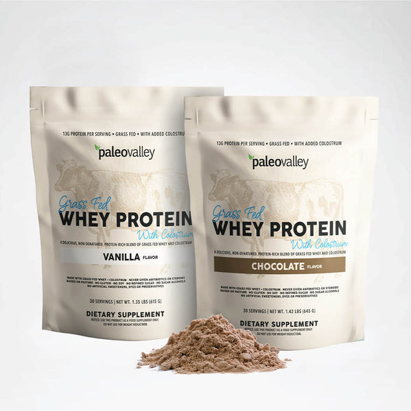 Grass Fed Whey Protein with Colostrum - Chocolate or Vanilla - Paleo Valley