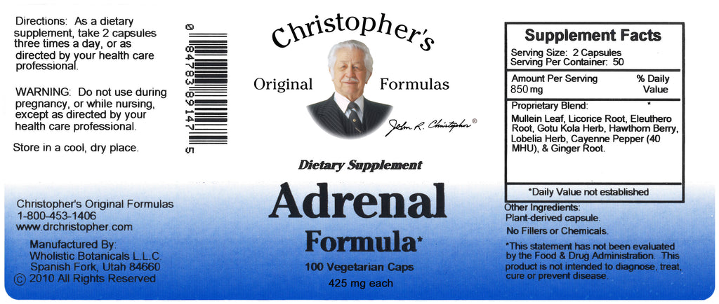 Adrenal Formula 100 Vegetarian Capsules - 400mg Per capsule - Dr. Christopher's