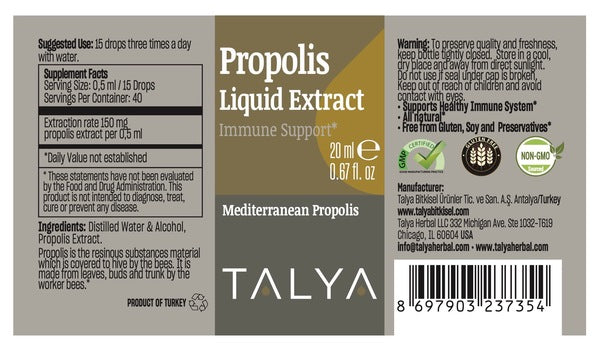 Propolis Liquid Extract - 20 ml Mediterranean Propolis - Talya Herbals