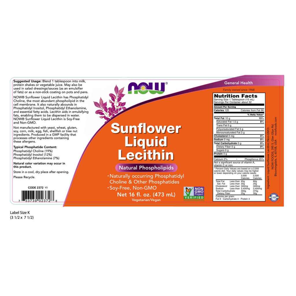 Sunflower Liquid Lecithin - Natural Phospholipids 16 fluid oz - Now Real Foods