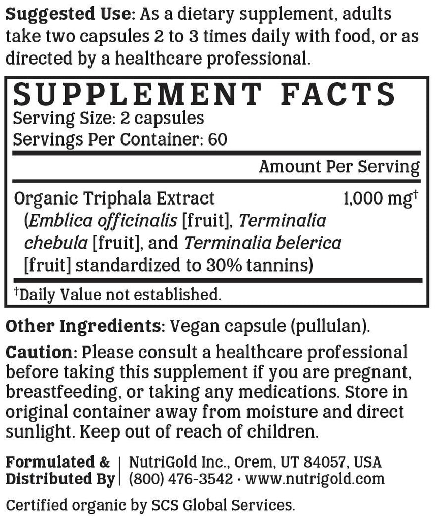 Triphala Gold - 120 Organic Vegan Capsules - Nutrigold